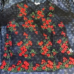 Black mesh red flower shirt
